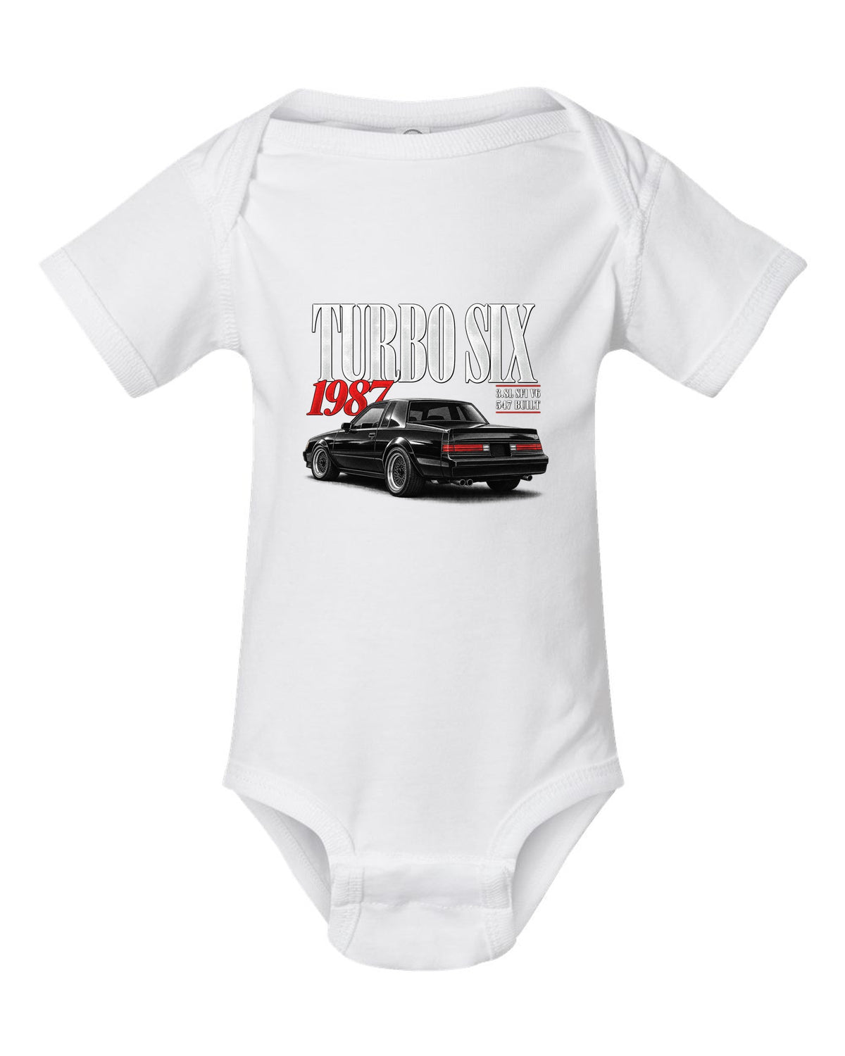 Editorial archive print for a 1987 Buick Regal Grand National GNX with turbo six text white baby onesie front view with the design