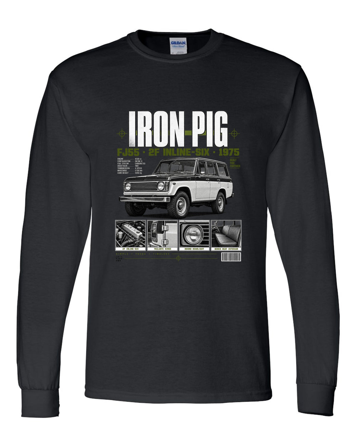Dossier panel print of a Toyota Land Cruiser FJ55 wagon with Iron Pig and 2F text black long sleeve front view with the design