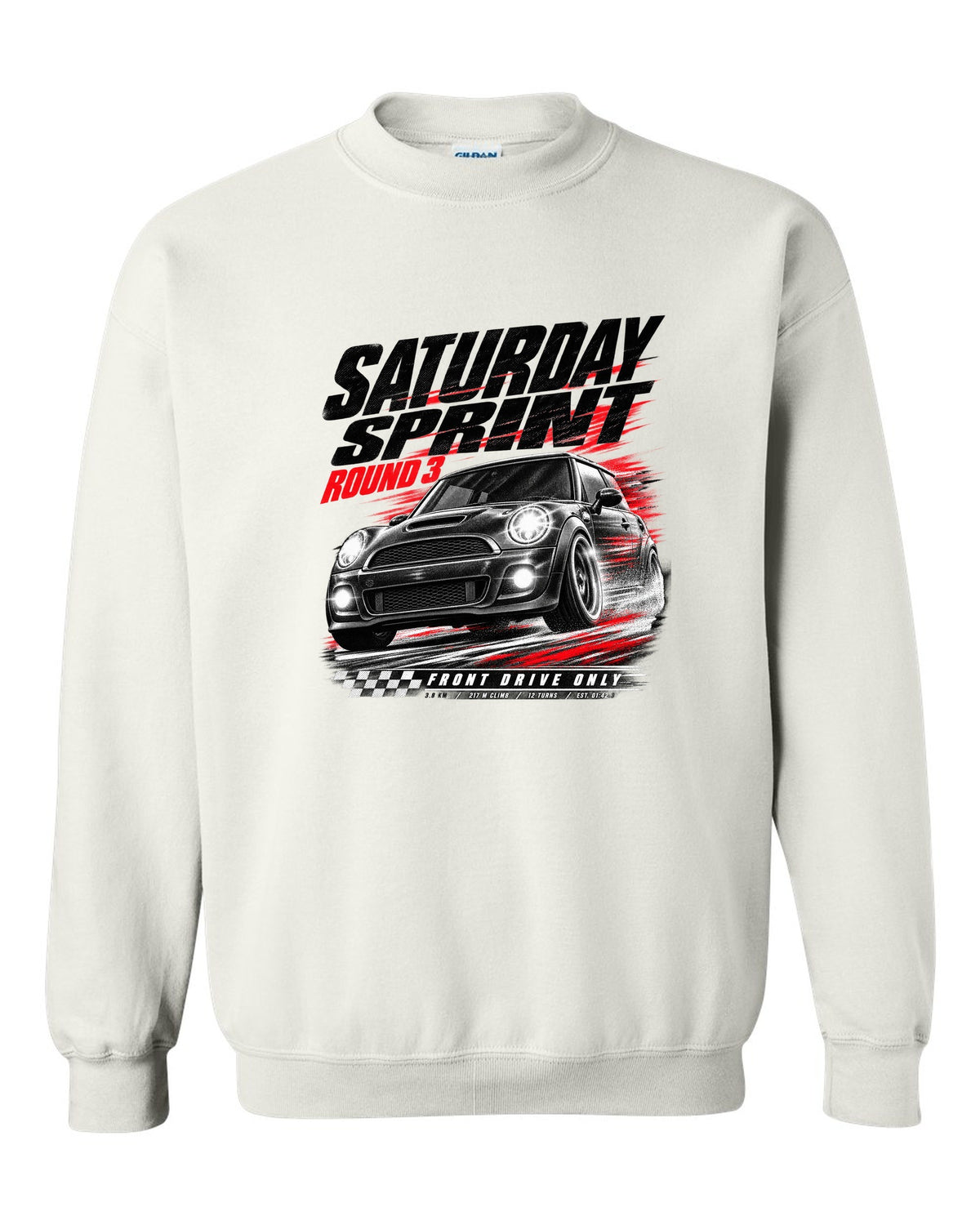 Race poster print of a Mini Cooper JCW R56 front three-quarter at a Saturday sprint round three white crewneck front view with the design