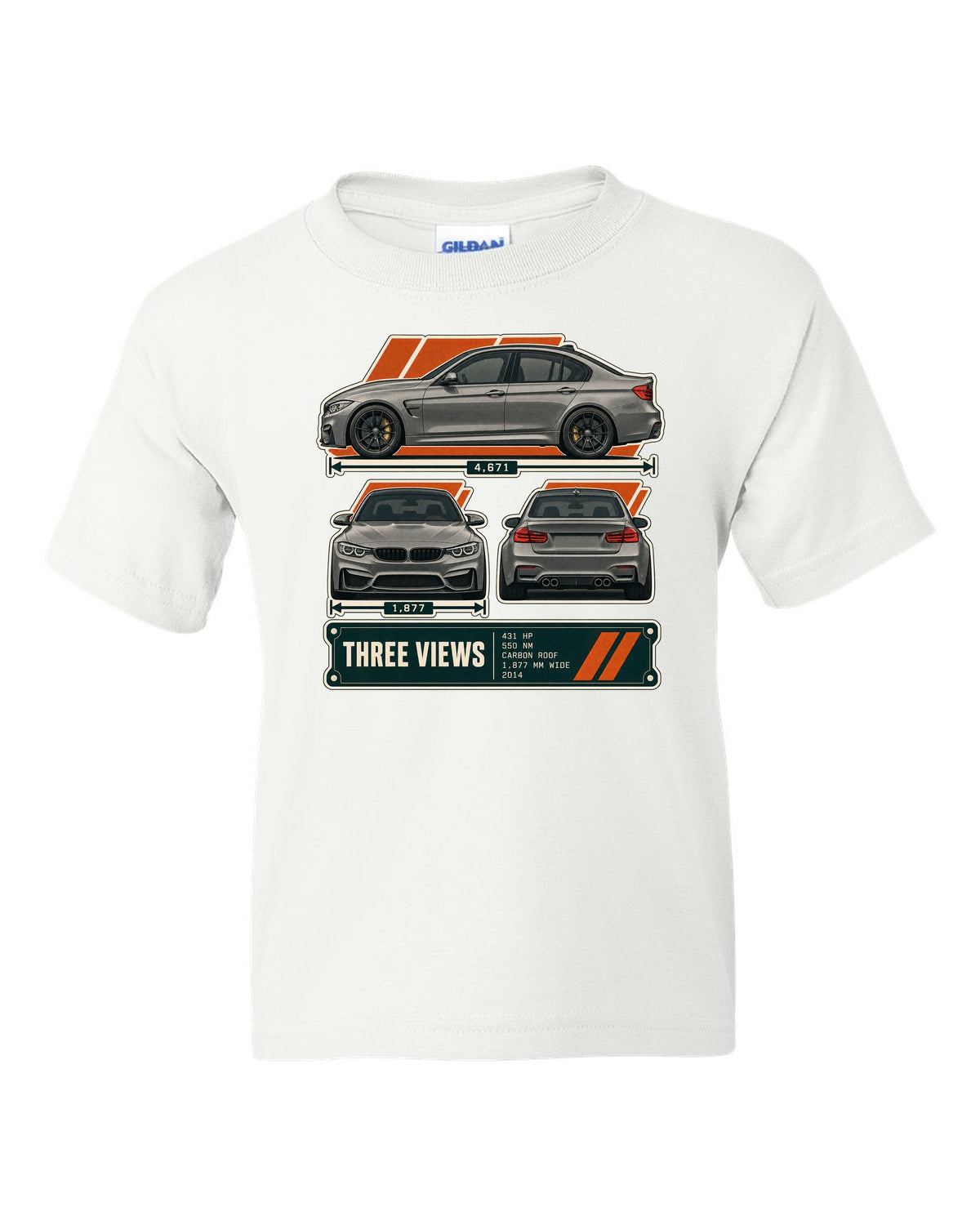 BMW M3 F80 three-view drawing with spec table print white kids tee front view with the design