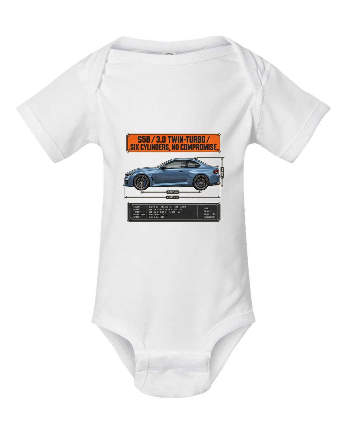 BMW M2 G87 dimension blueprint print with S58 3.0 twin-turbo text white baby onesie front view with the design
