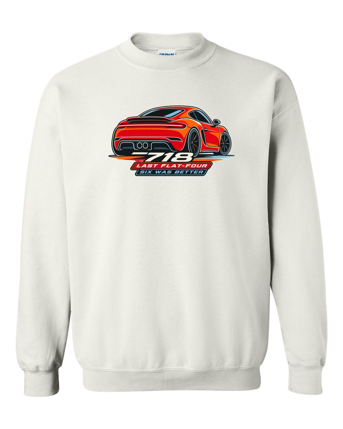 Minimalist continuous line art print of a Porsche 718 Cayman 982 taillight with the text 718, last flat-four, six was better white crewneck front view with the design
