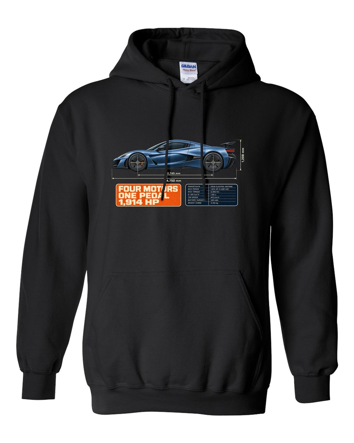 Rimac Nevera 2021 dimension blueprint print with four motors one pedal 1,914 hp text black pull over hoodie front view with the design
