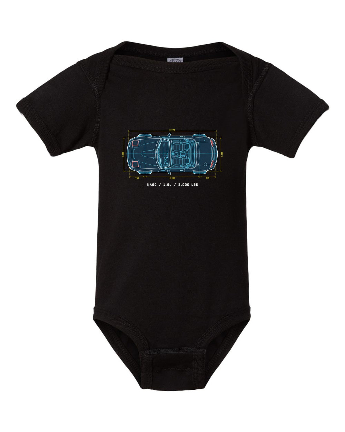 Technical blueprint line art of the Mazda MX-5 NA6C with 1.6L and 2,000 lbs text black baby onesie front view with the design