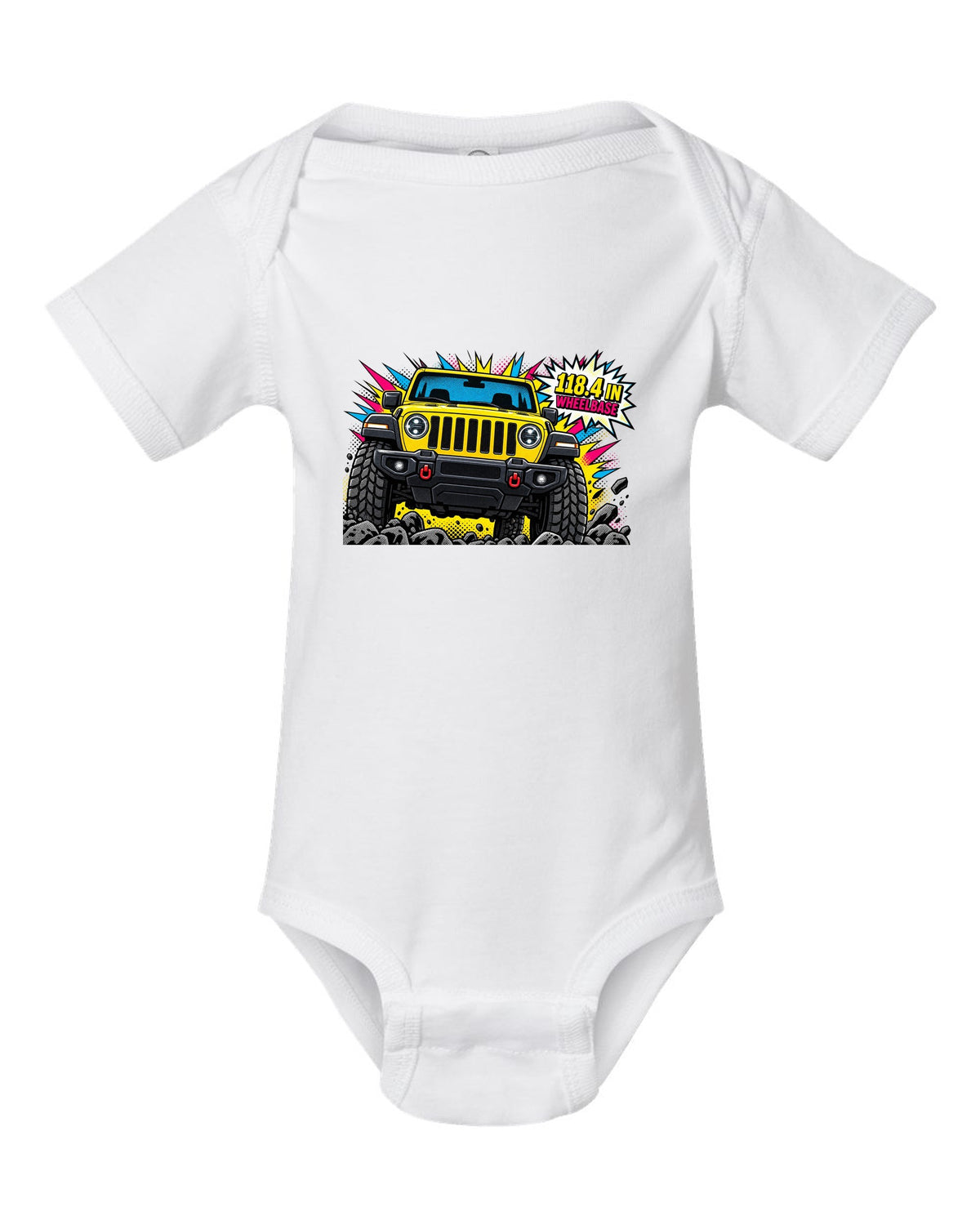 Jeep Wrangler JLU grille and headlight comic halftone pop art with 118.4 in wheelbase text white baby onesie front view with the design