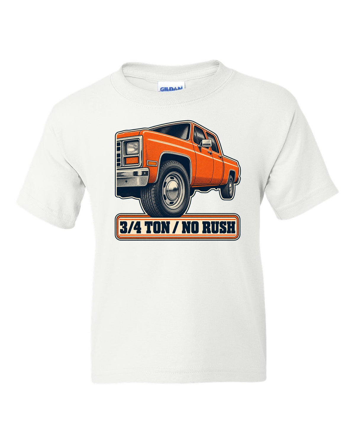 Retro halftone print of a steel wheel close-up on a 1973-87 Chevrolet C20 Squarebody with 3/4 ton lettering white kids tee front view with the design