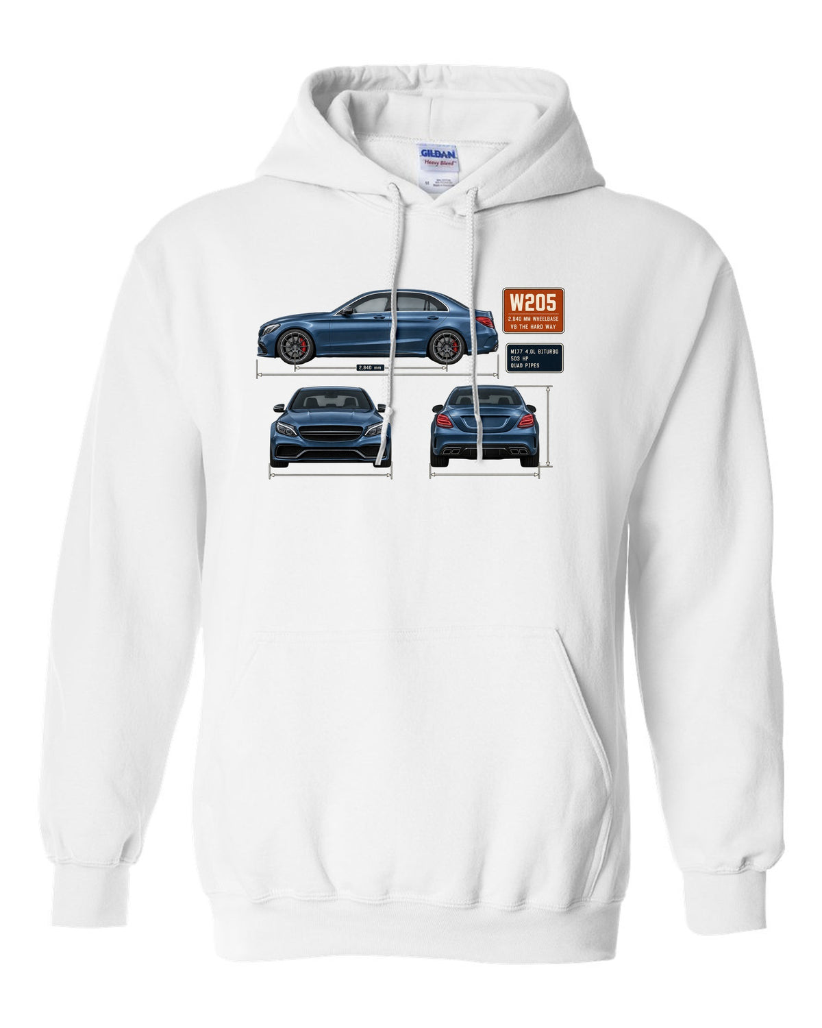 Mercedes-AMG C63 S W205 sedan three-view drawing in steel blue white pull over hoodie front view with the design