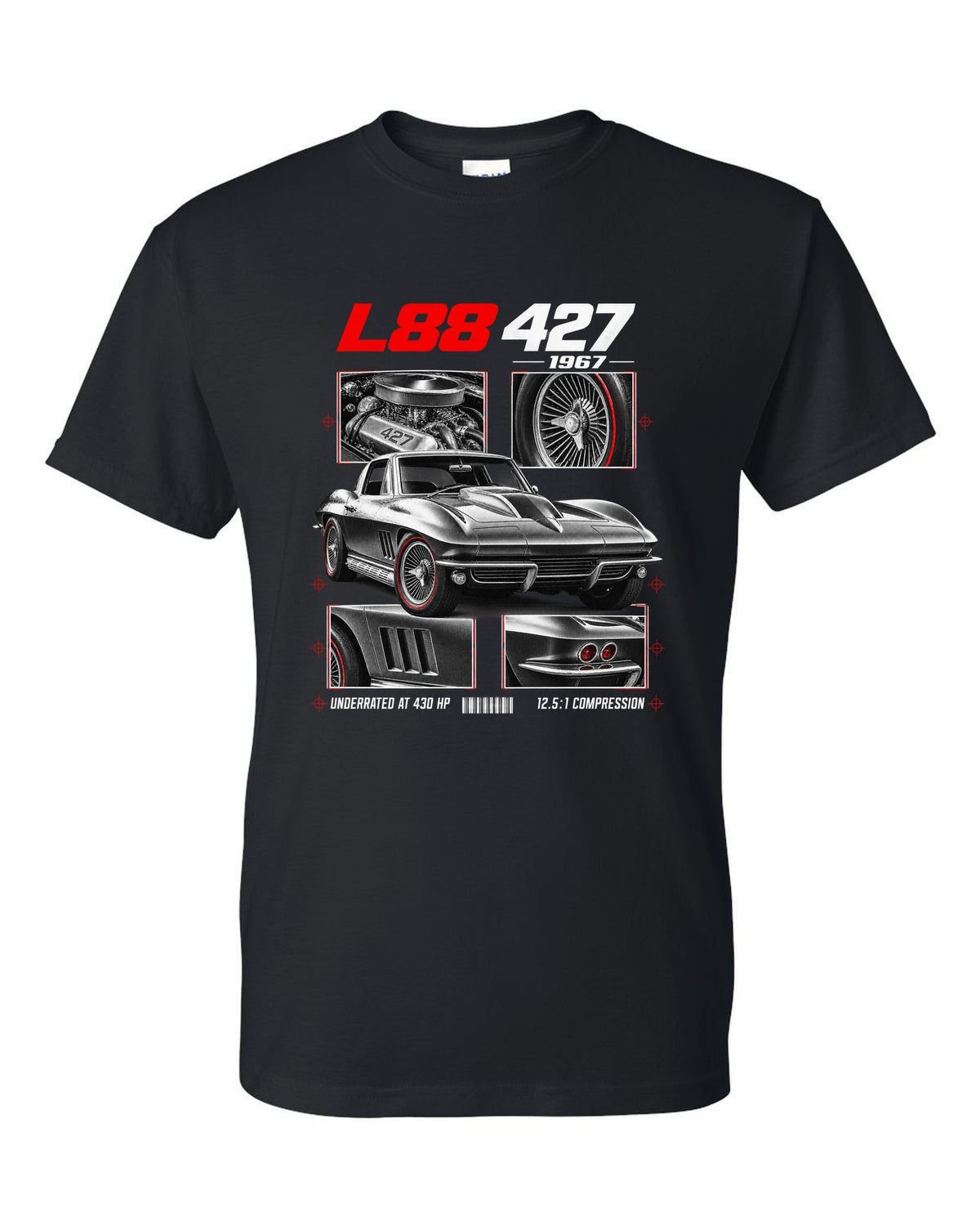 Chevrolet Corvette C2 Sting Ray 1967 L88 427 dossier print black t-shirt front view with the design