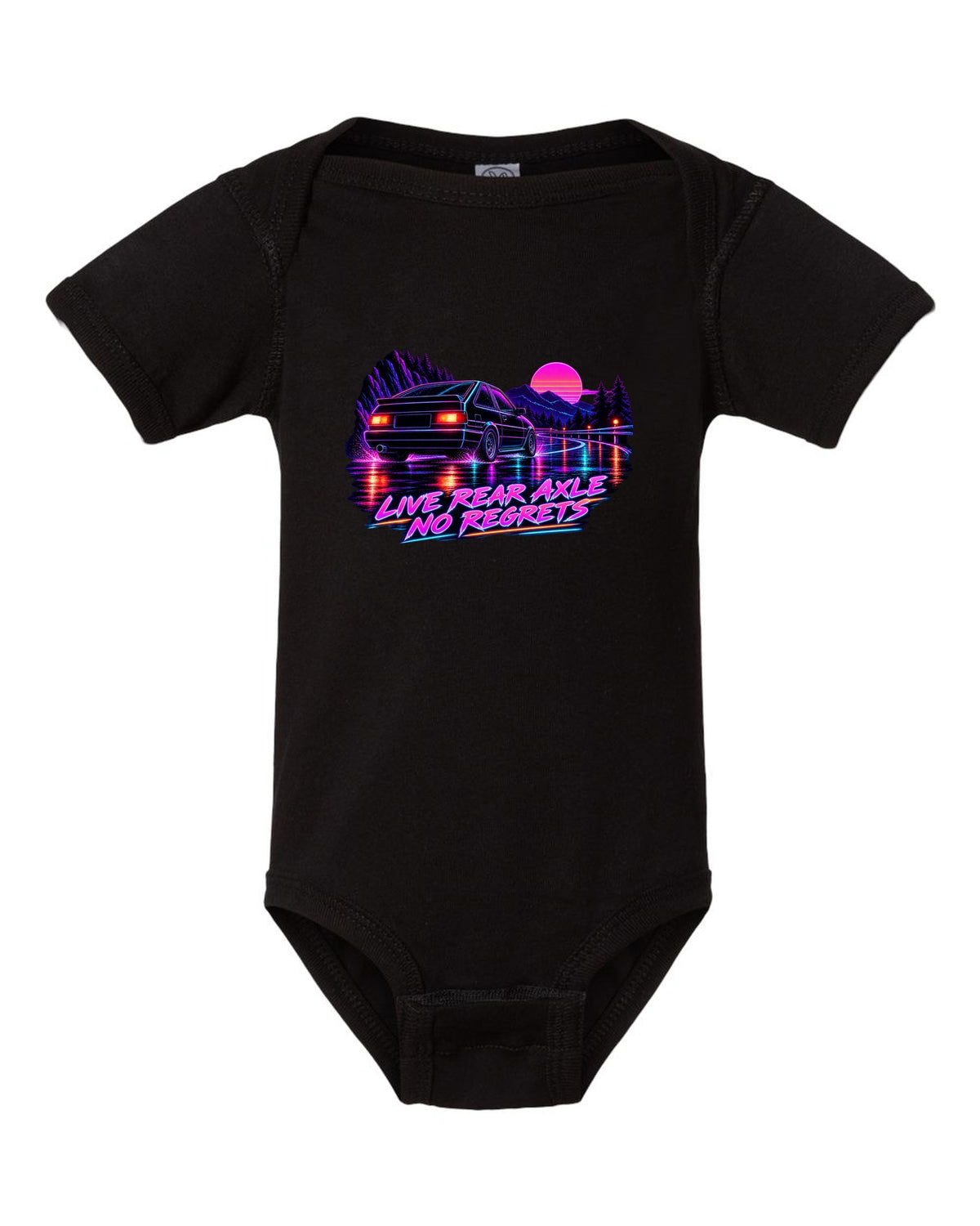 Neon synthwave line art print of a Toyota Corolla Levin AE86 with Live Rear Axle lettering black baby onesie front view with the design