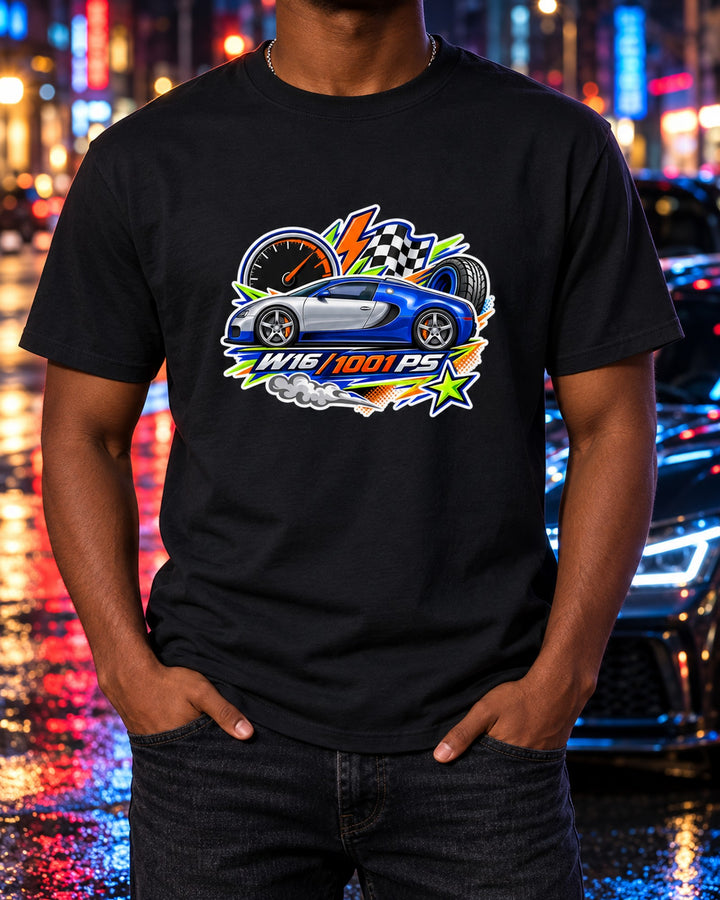 Bugatti Veyron 16.4 Sticker Bomb Collage Shirt, 1001 PS T-Shirt Black worn hero