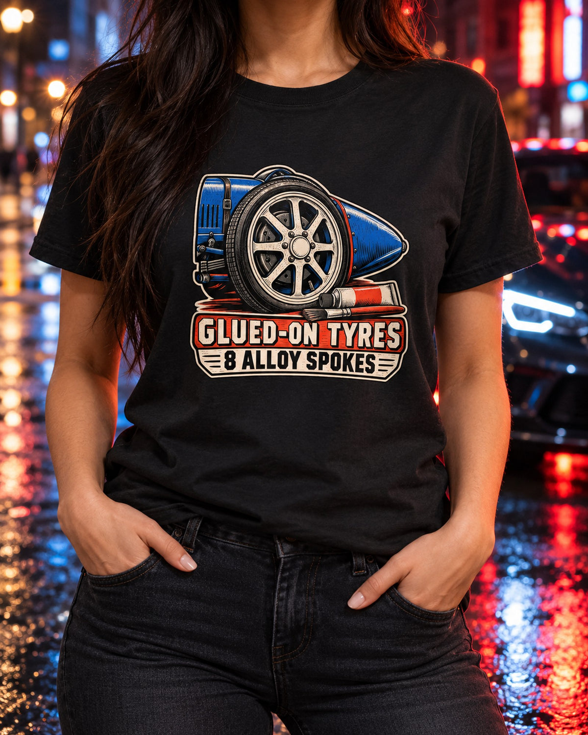 Bugatti Type 35 Eight Spoke Wheel Linocut Shirt T-Shirt Black worn hero