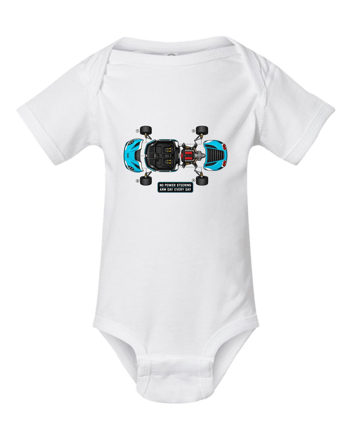 Blueprint exploded view of an Alfa Romeo 4C with no power steering arm day text white baby onesie front view with the design
