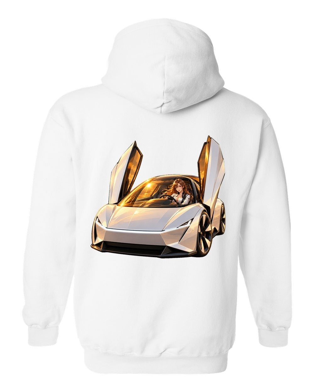 Tesla Roadster Golden Hour Anime Girl Pull Over Hoodie White back