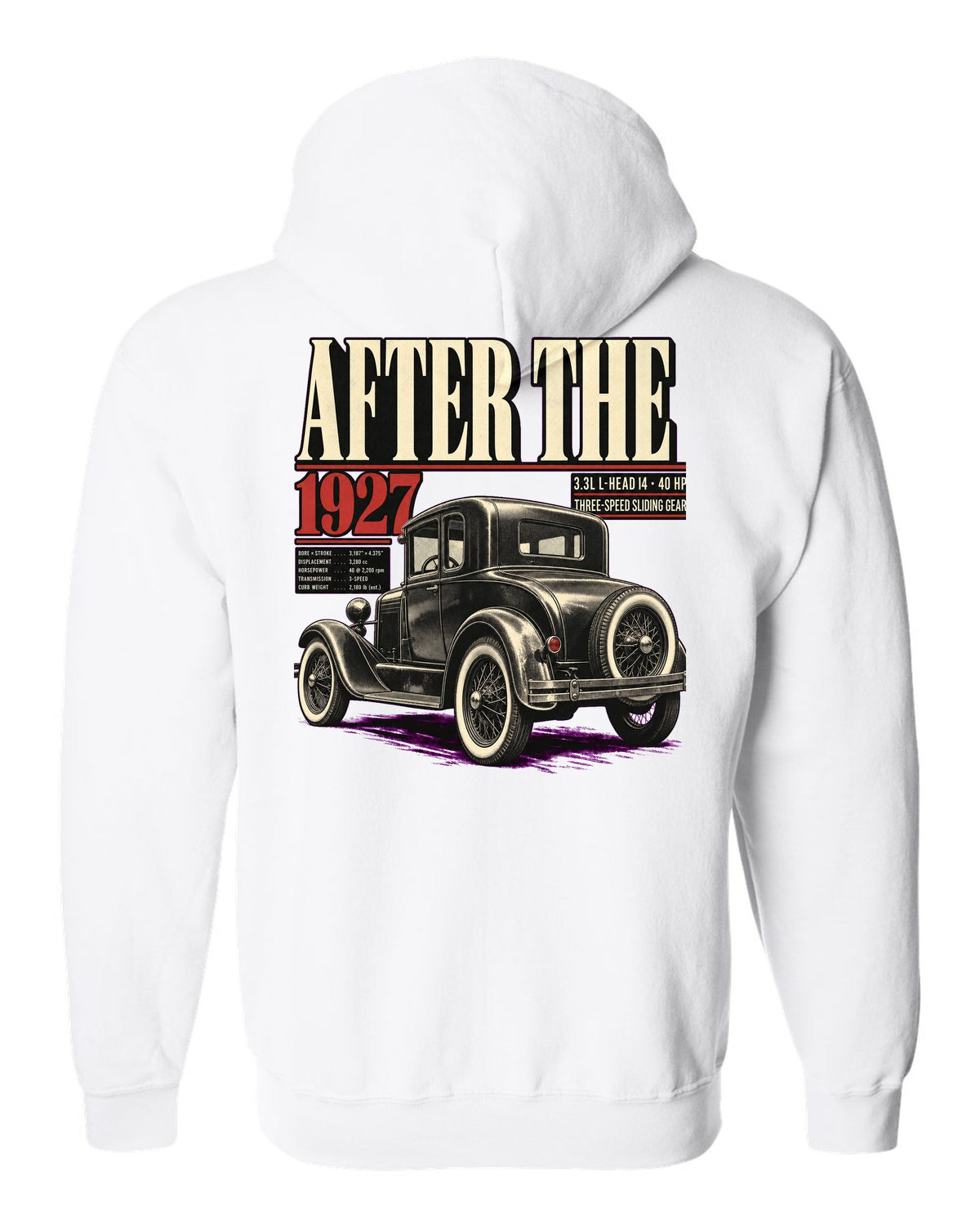 Editorial headline print of a Ford Model A coupe with spec lines white zip hoodie back view with the design