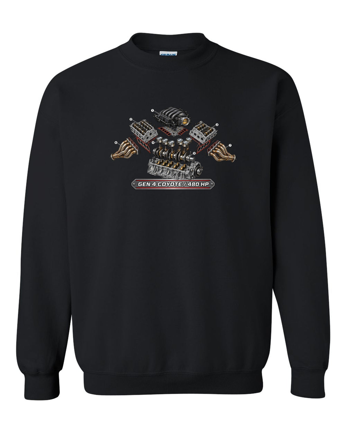 Isometric exploded cutaway engine print of a 2024 S650 Mustang 5.0 Gen 4 Coyote V8 black crewneck front view with the design