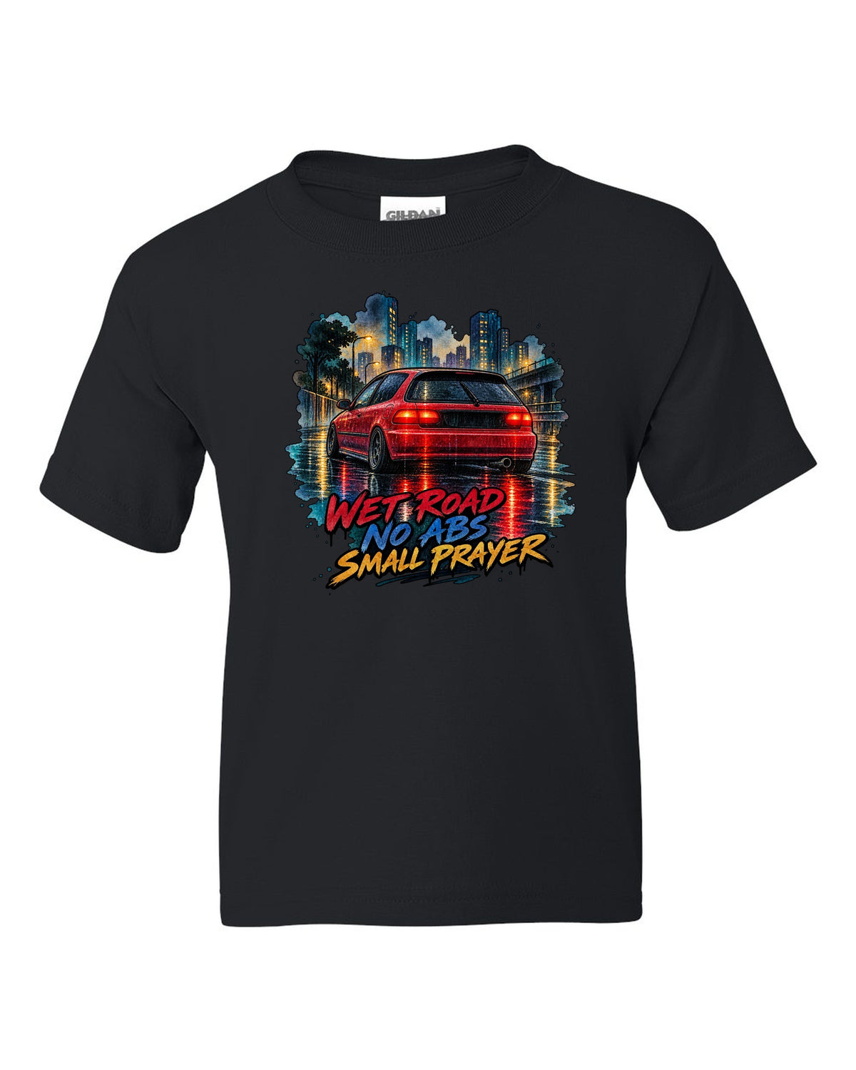 Watercolour wet road print of a Honda Civic EG6 ch with red taillights and no ABS text black kids tee front view with the design