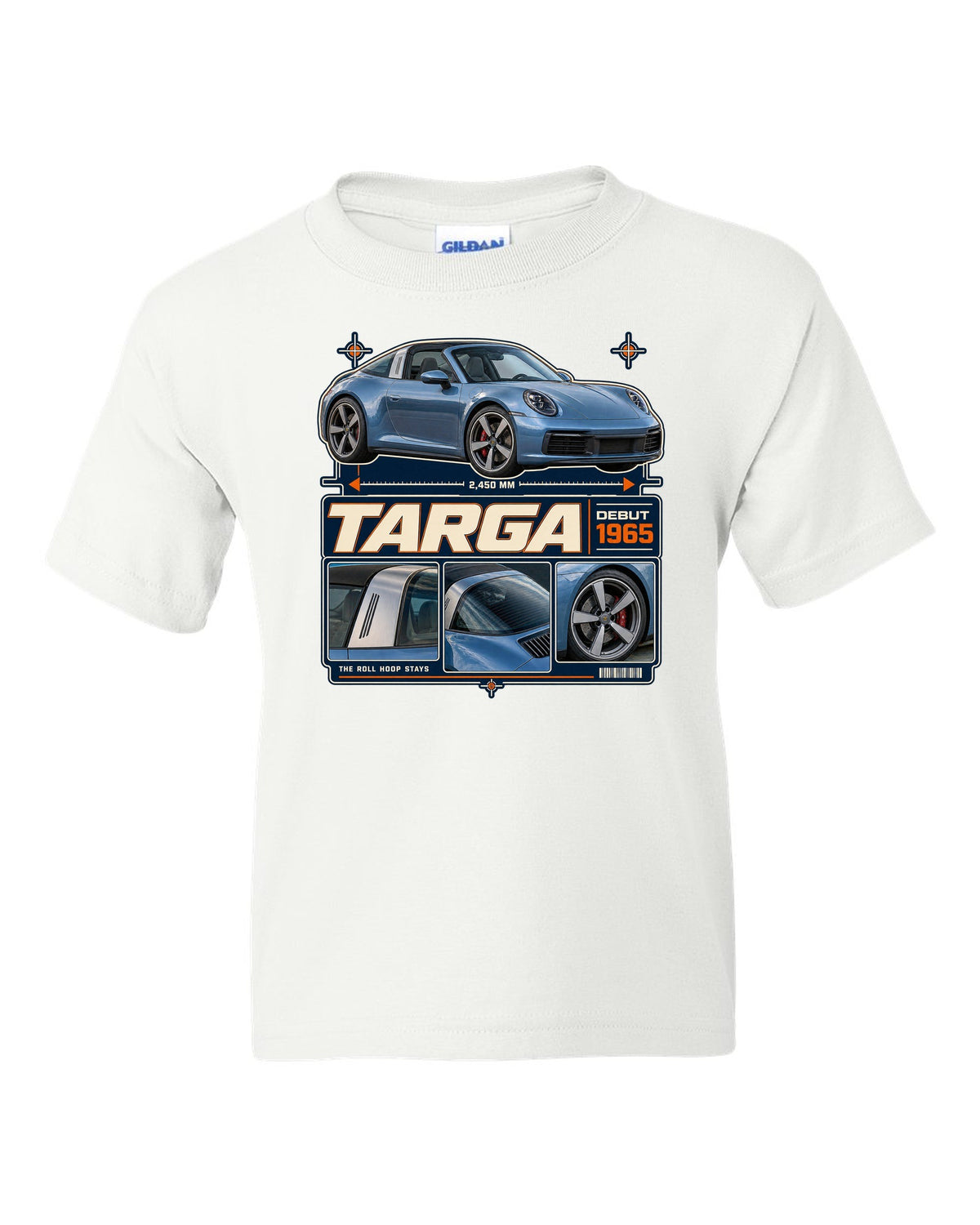 Dossier panel print of a Porsche 911 Targa 4S 992 with roll hoop white kids tee front view with the design