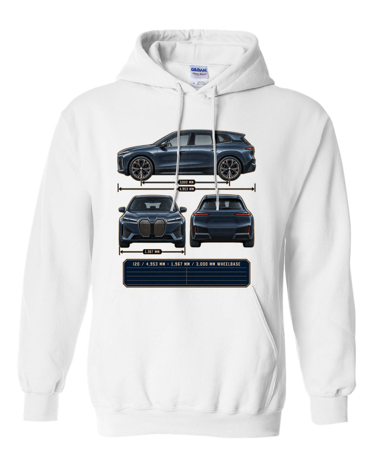 Three-view drawing and spec table print of the BMW iX M60 I20 white pull over hoodie front view with the design