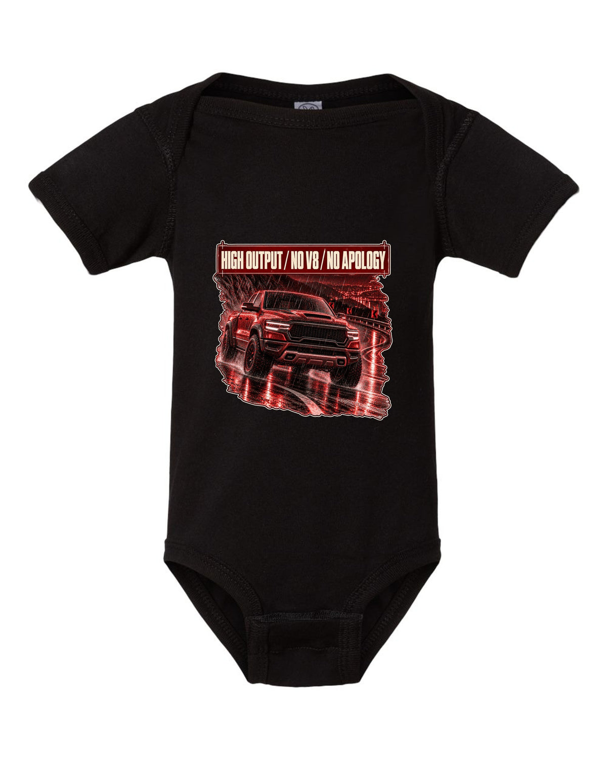 Ram 1500 RHO 2025 night street poster print black baby onesie front view with the design