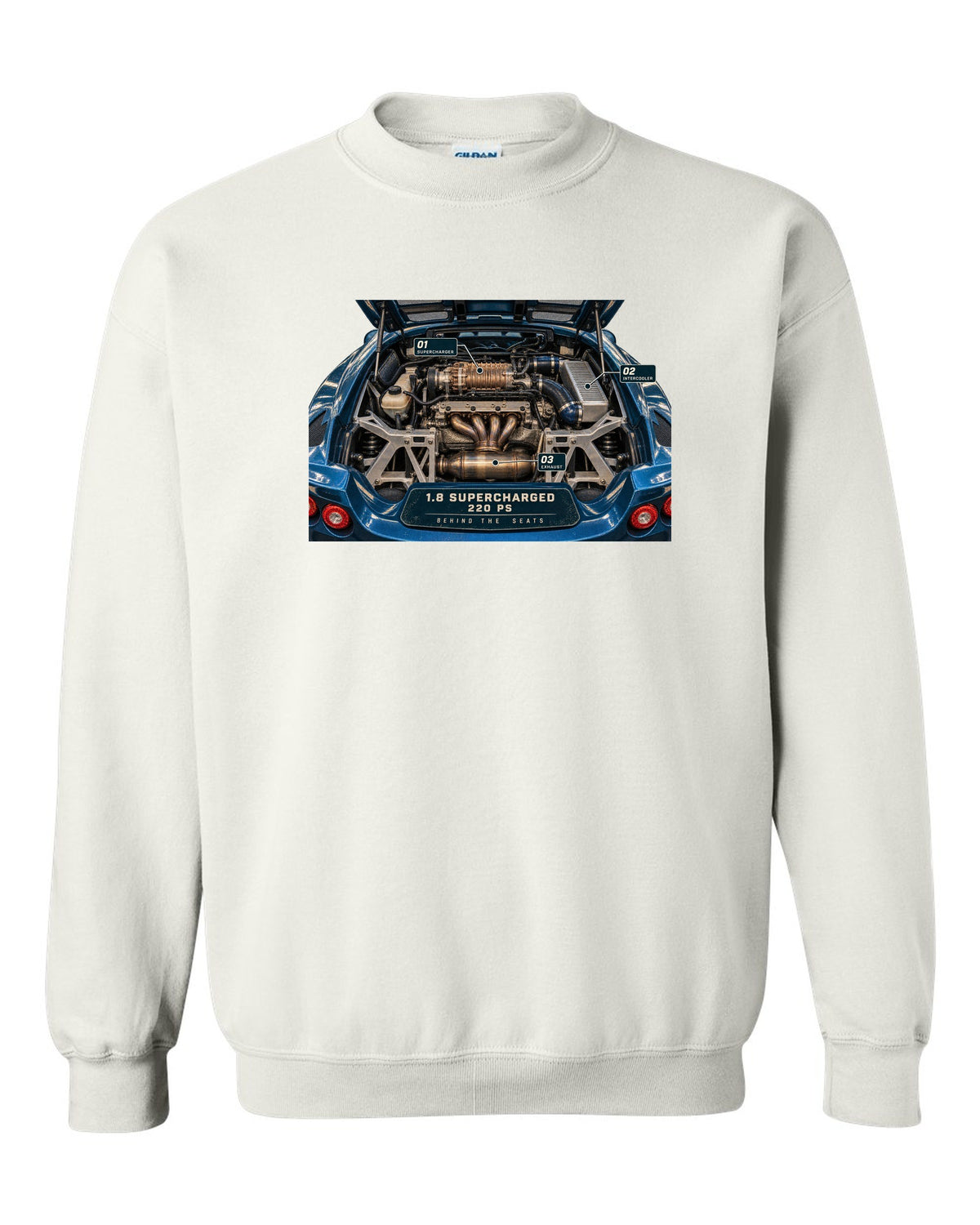 Lotus Exige S 2004 to 2011 supercharged four engine bay print with 1.8 supercharged 220 PS text white crewneck front view with the design