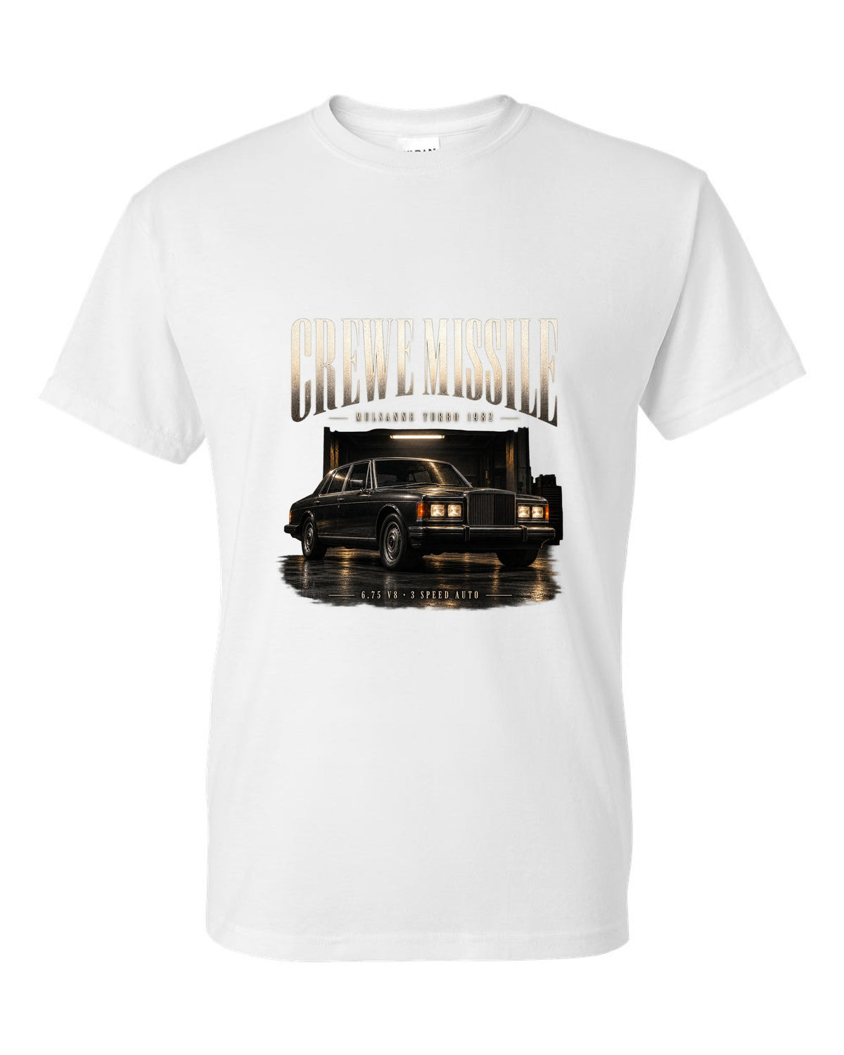 Bentley Mulsanne Turbo 1982 in a garage at night white t-shirt front view with the design