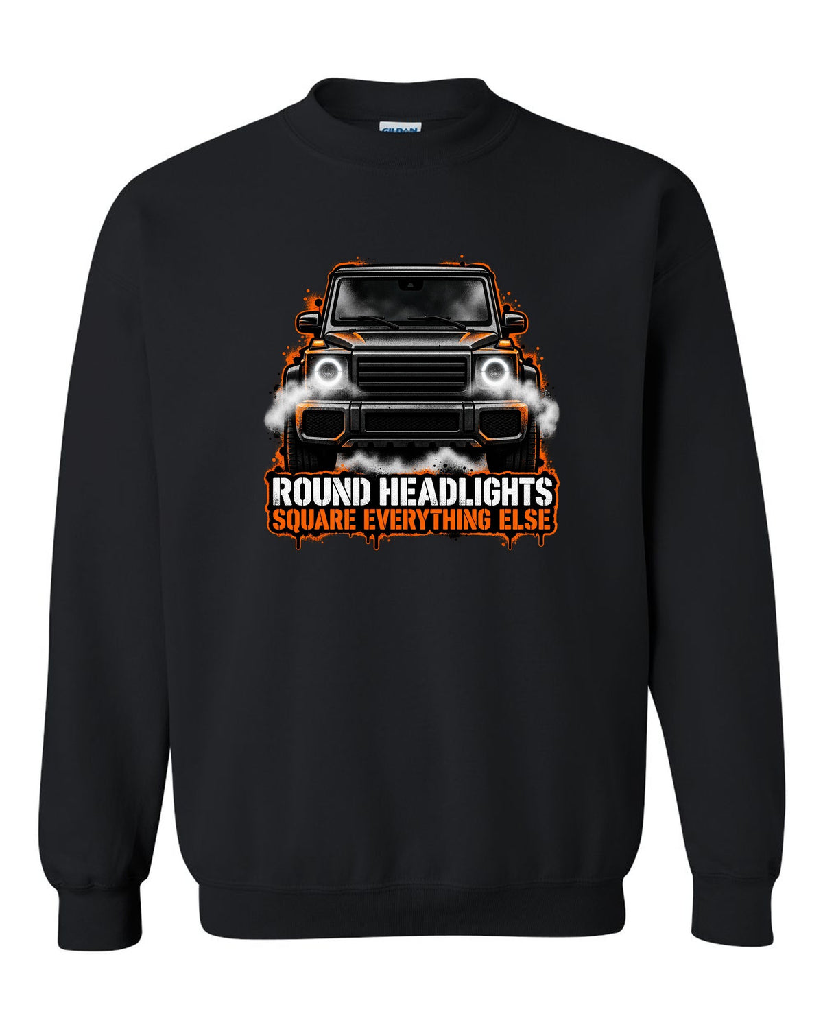 Sticker-bomb collage graphic with the word Clunk for a Mercedes G-Class W463, print black crewneck front view with the design