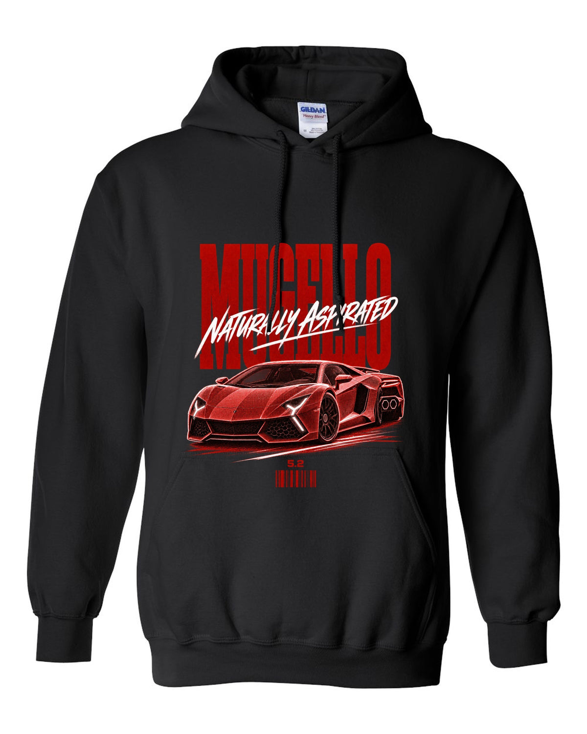 Street poster print of a Lamborghini Huracan Tecnica LP640-2 with Mugello and Naturally Aspirated text black pull over hoodie front view with the design
