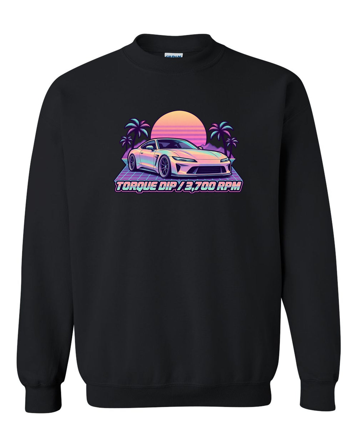 Pastel vaporwave illustration of a Toyota 86 ZN6 with Torque Dip 3,700 RPM lettering black crewneck front view with the design