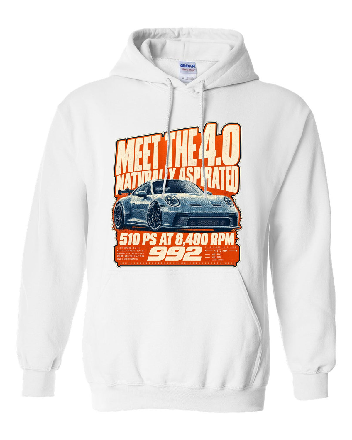 Porsche 992 GT3 halftone statement print design white pull over hoodie front view with the design