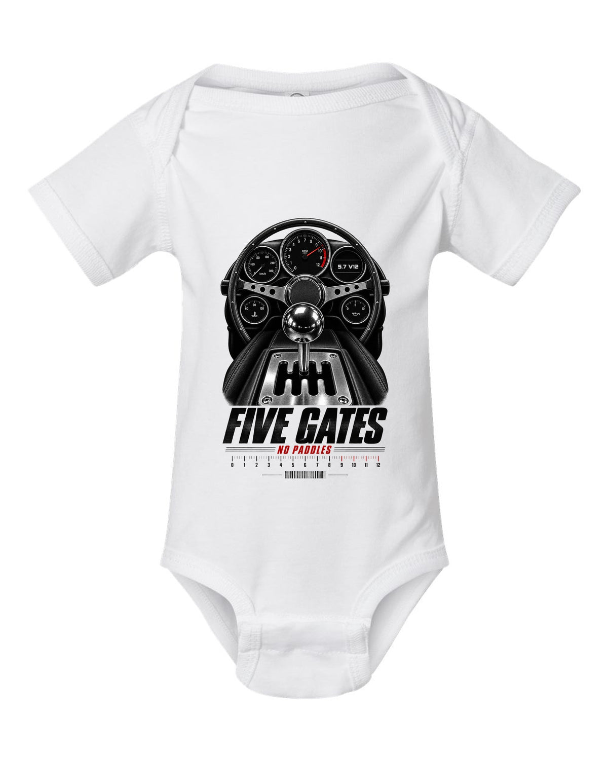 print of a Lamborghini Diablo cockpit with gated five-speed shifter and 5.7 V12 text white baby onesie front view with the design