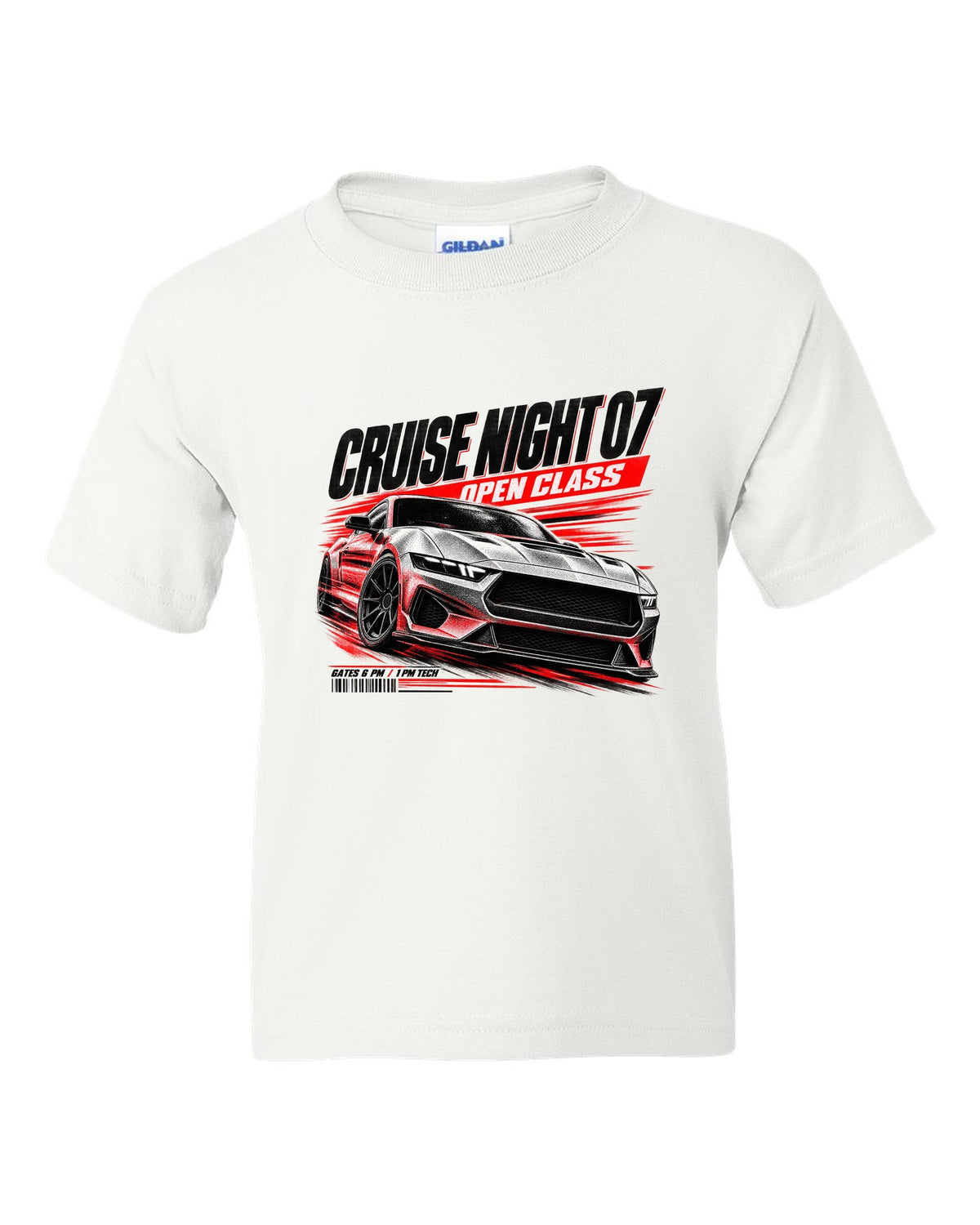 Ford Mustang S650 GT race poster print reading Cruise Night 07 Open Class white kids tee front view with the design