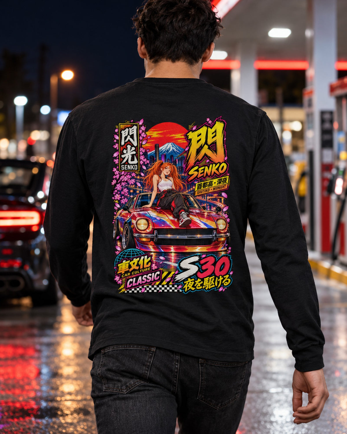 SENKO S30 Anime Girl Full-Back Graphic Tee Long Sleeve Black worn hero