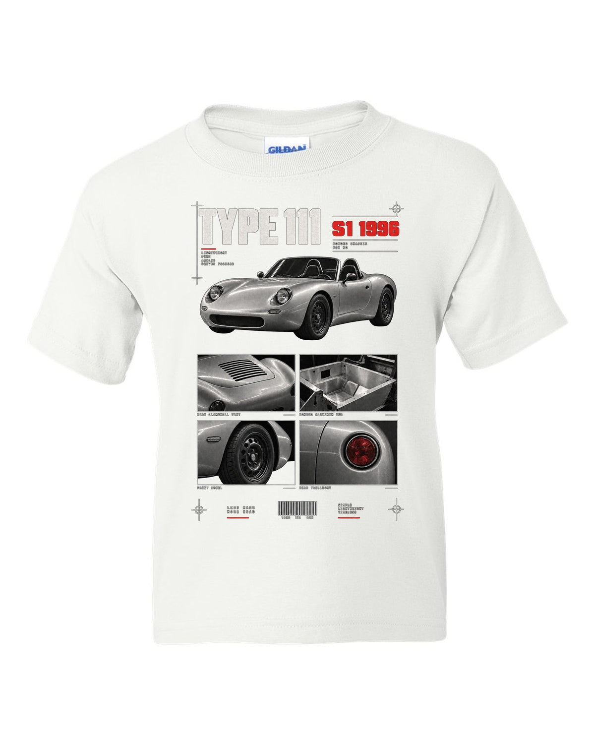 Dossier panel print of a 1996 Lotus Elise S1 Type 111 with bonded aluminium chassis white kids tee front view with the design