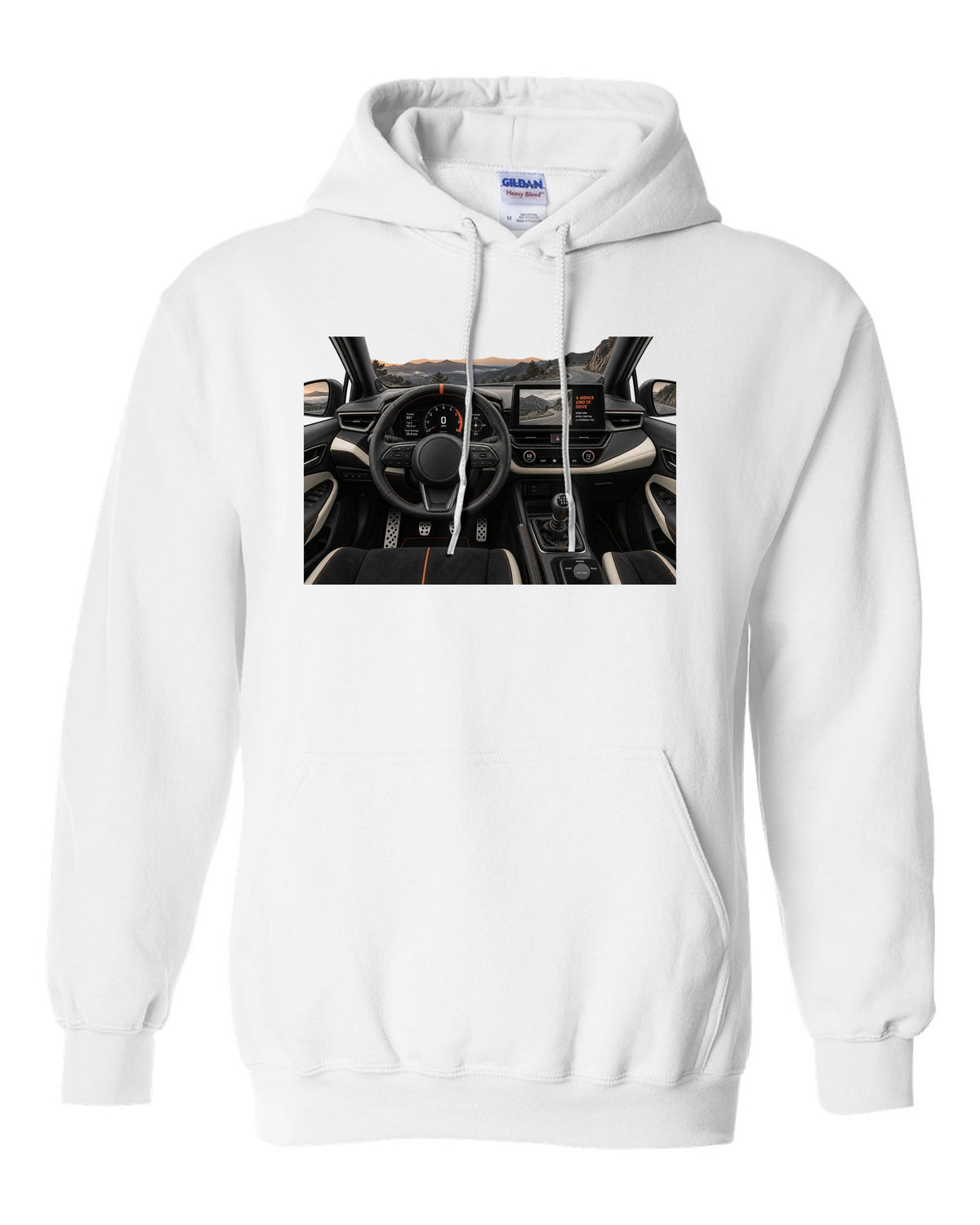 Toyota GR Corolla Morizo Edition at night on a touge-style road with spec text white pull over hoodie front view with the design