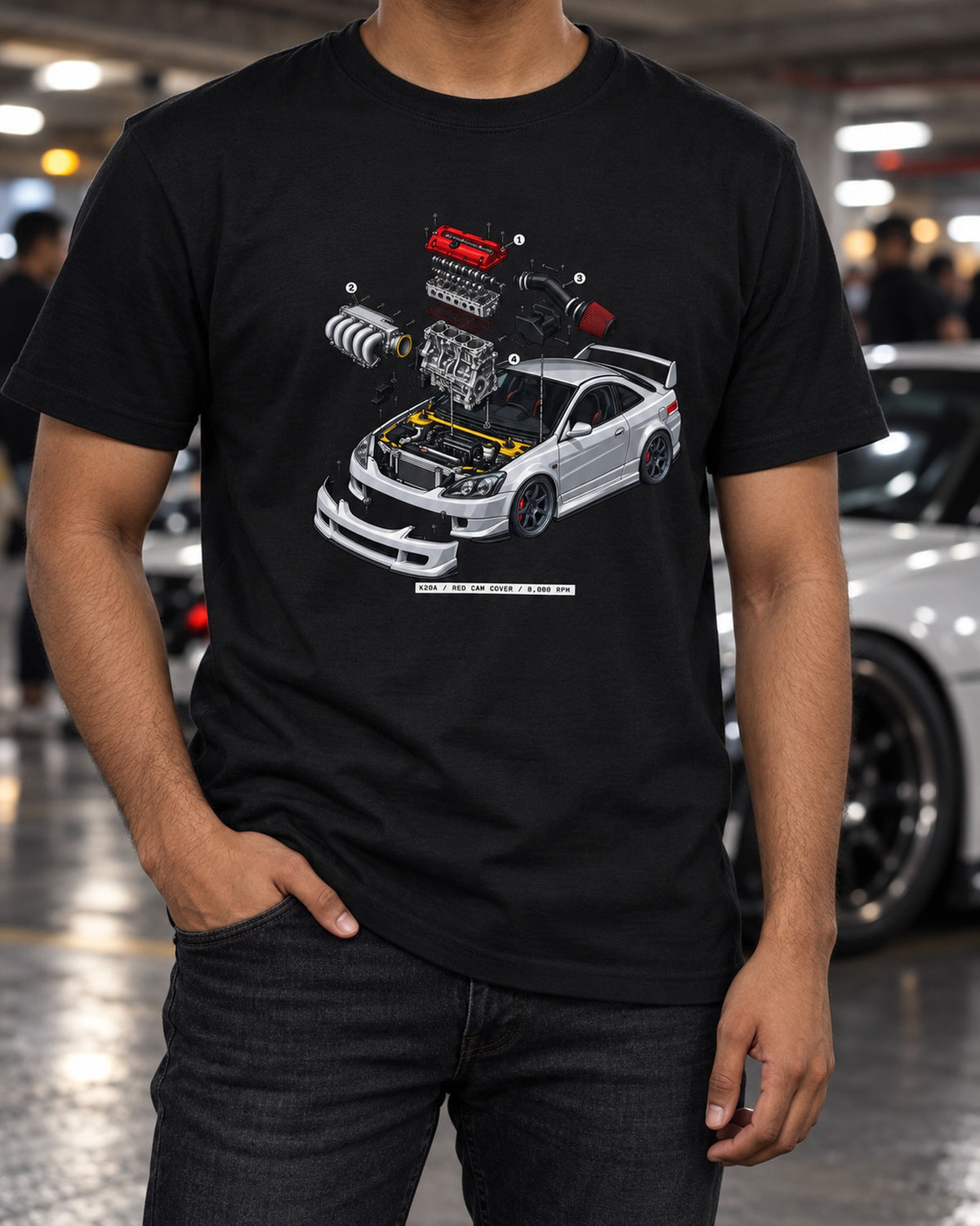 Integra DC5 K20A Exploded Engine Diagram Shirt, Red Top Tee T-Shirt Black worn hero
