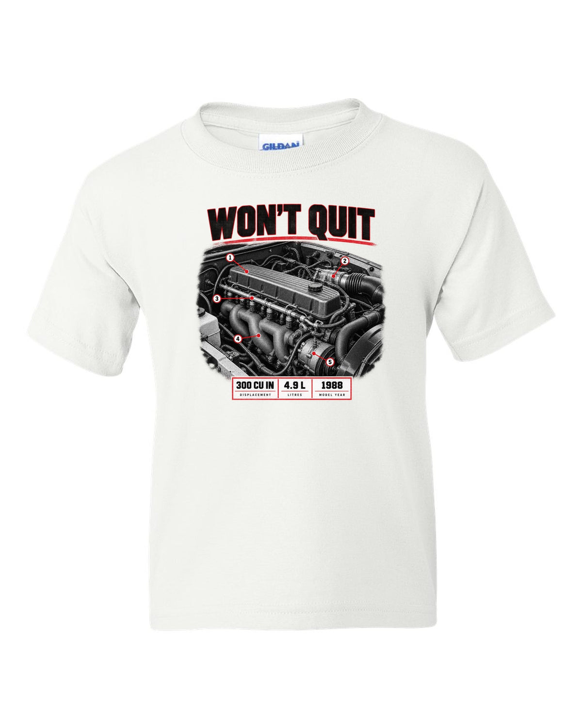Engine print of a 1987-91 Ford F-150 Brick-Nose 4.9 inline six with 300 cu in text white kids tee front view with the design
