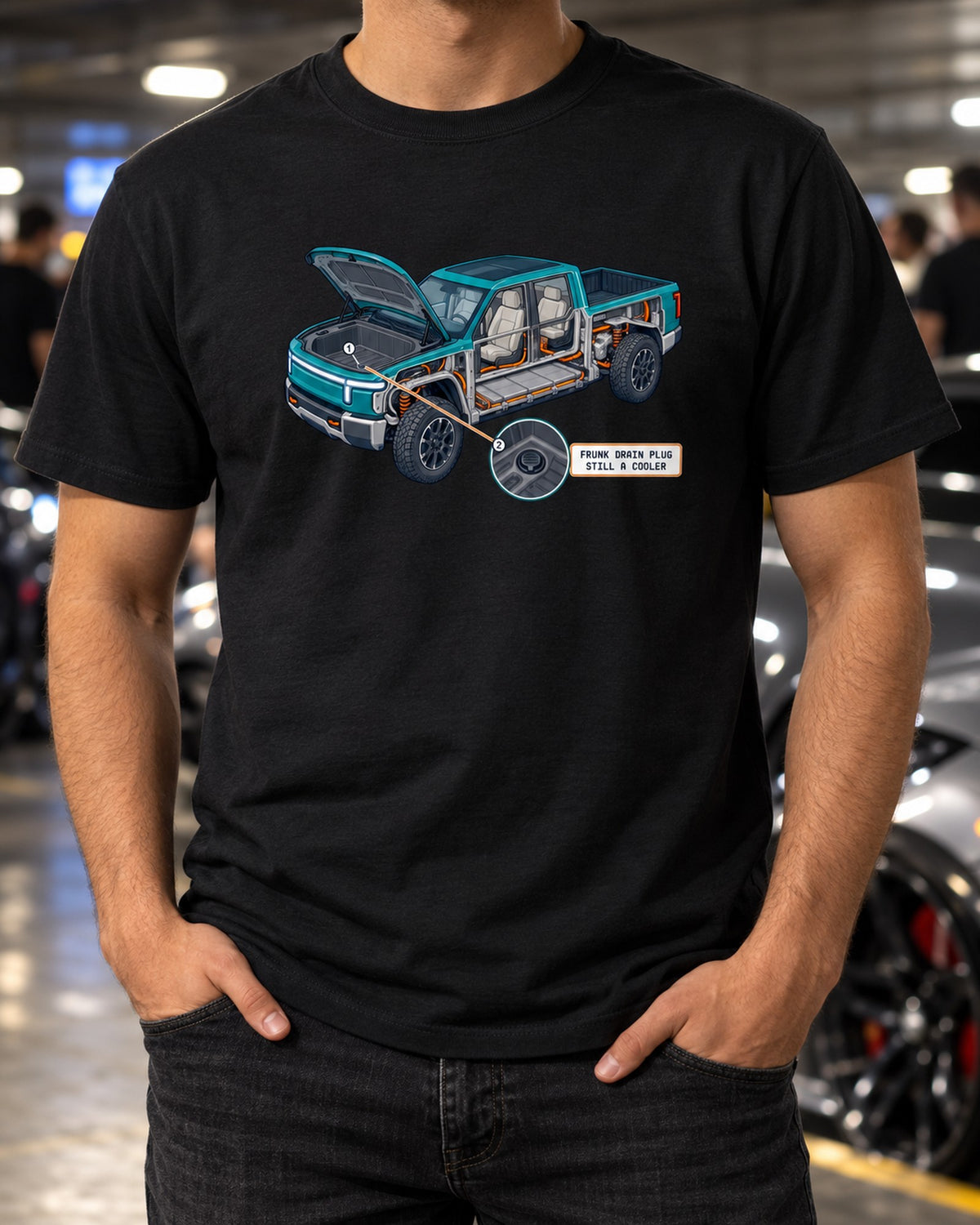 Ford F-150 Lightning Isometric Frunk Cutaway print Shirt T-Shirt Black worn hero
