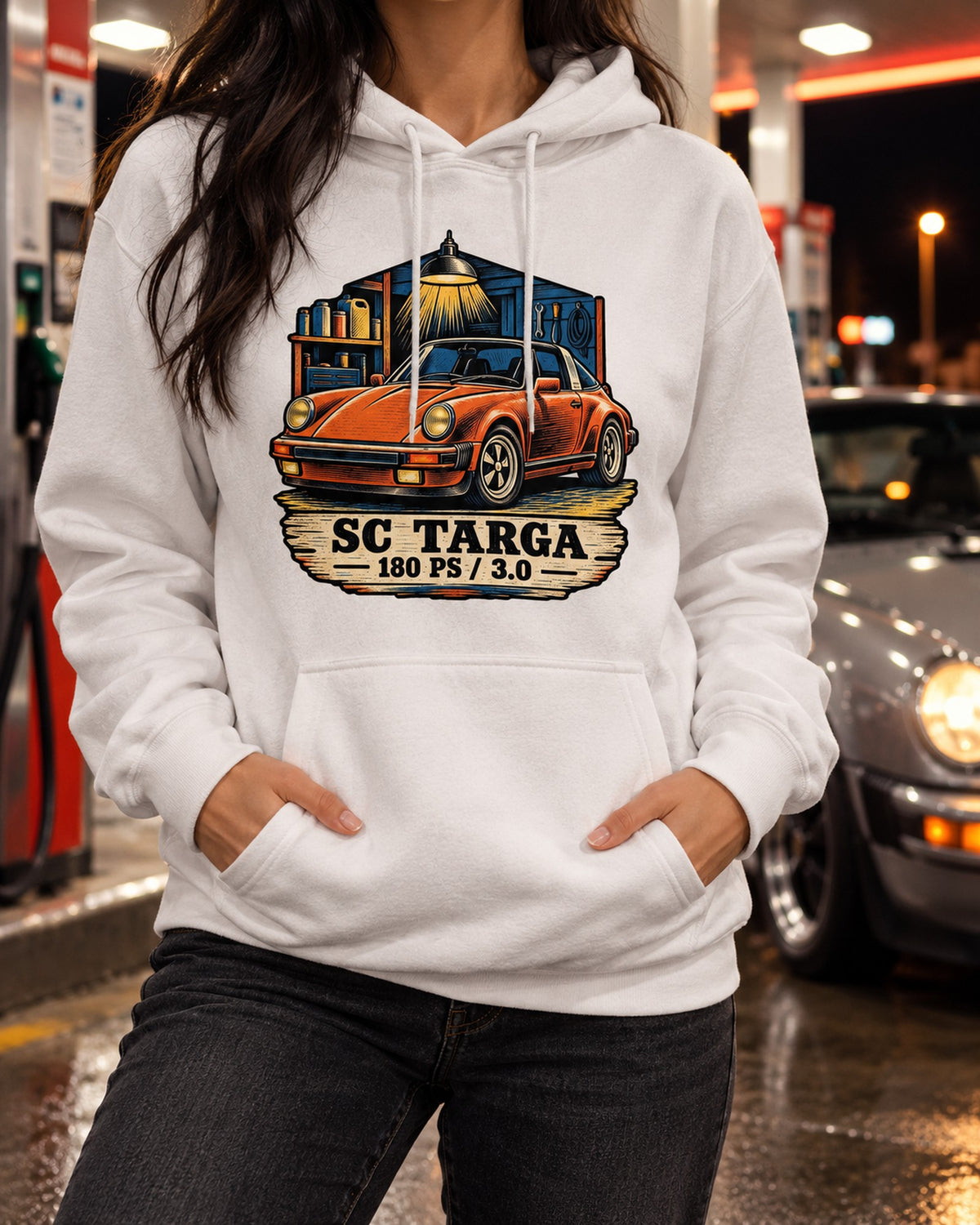 Blueprint Porsche 356 A 1.6 L Flat-Four Shirt, Car Guy Gift Pull Over Hoodie White worn hero