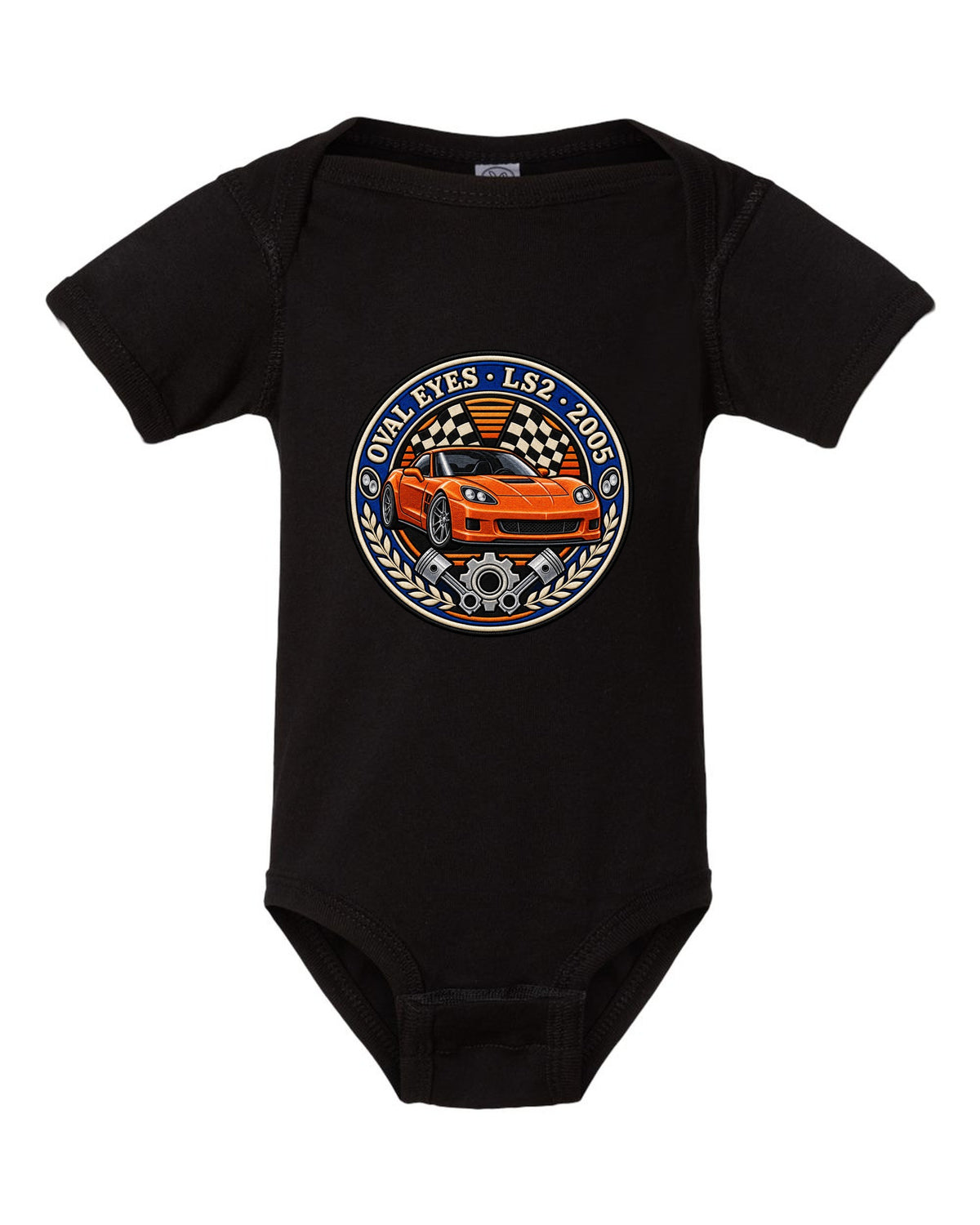 Varsity crest embroidery style print for a 2005 Chevrolet Corvette C6 coupe with Oval Eyes LS2 lettering black baby onesie front view with the design
