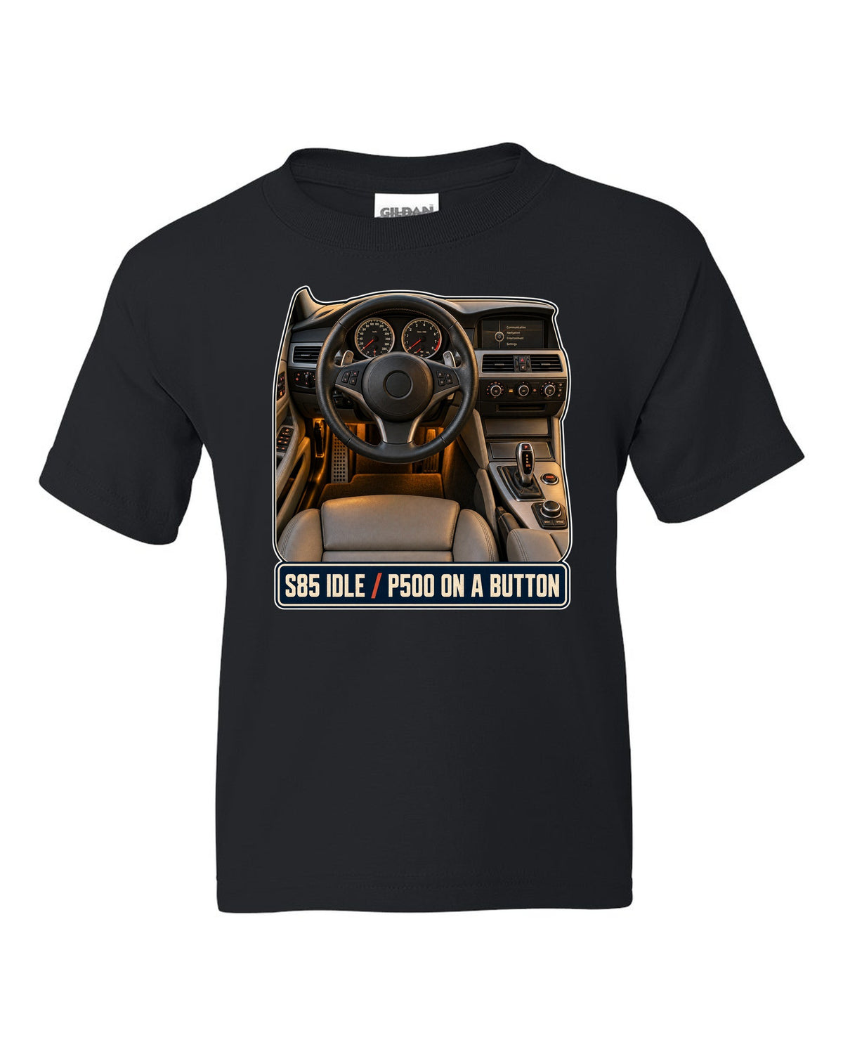 BMW M5 E60 interior cockpit and gauge print black kids tee front view with the design