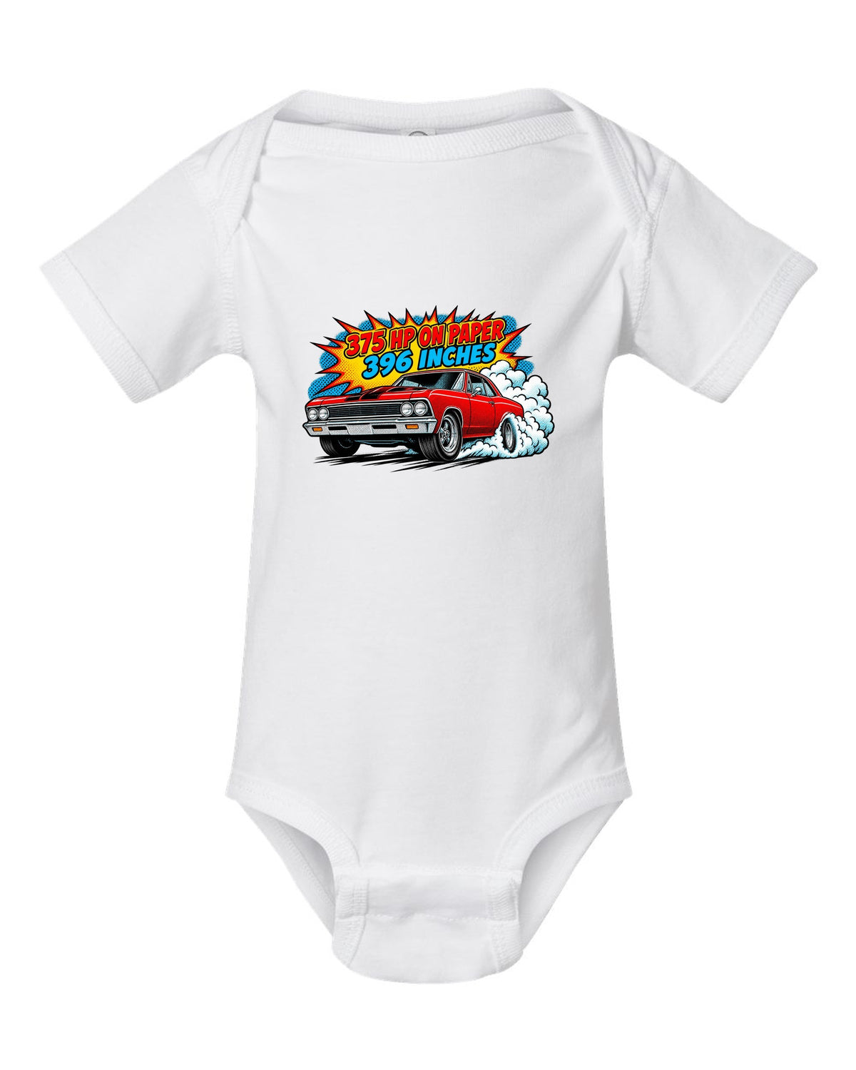Comic halftone print of a 1966 Chevelle Malibu SS burnout with the text 375 HP on paper, 396 inches white baby onesie front view with the design