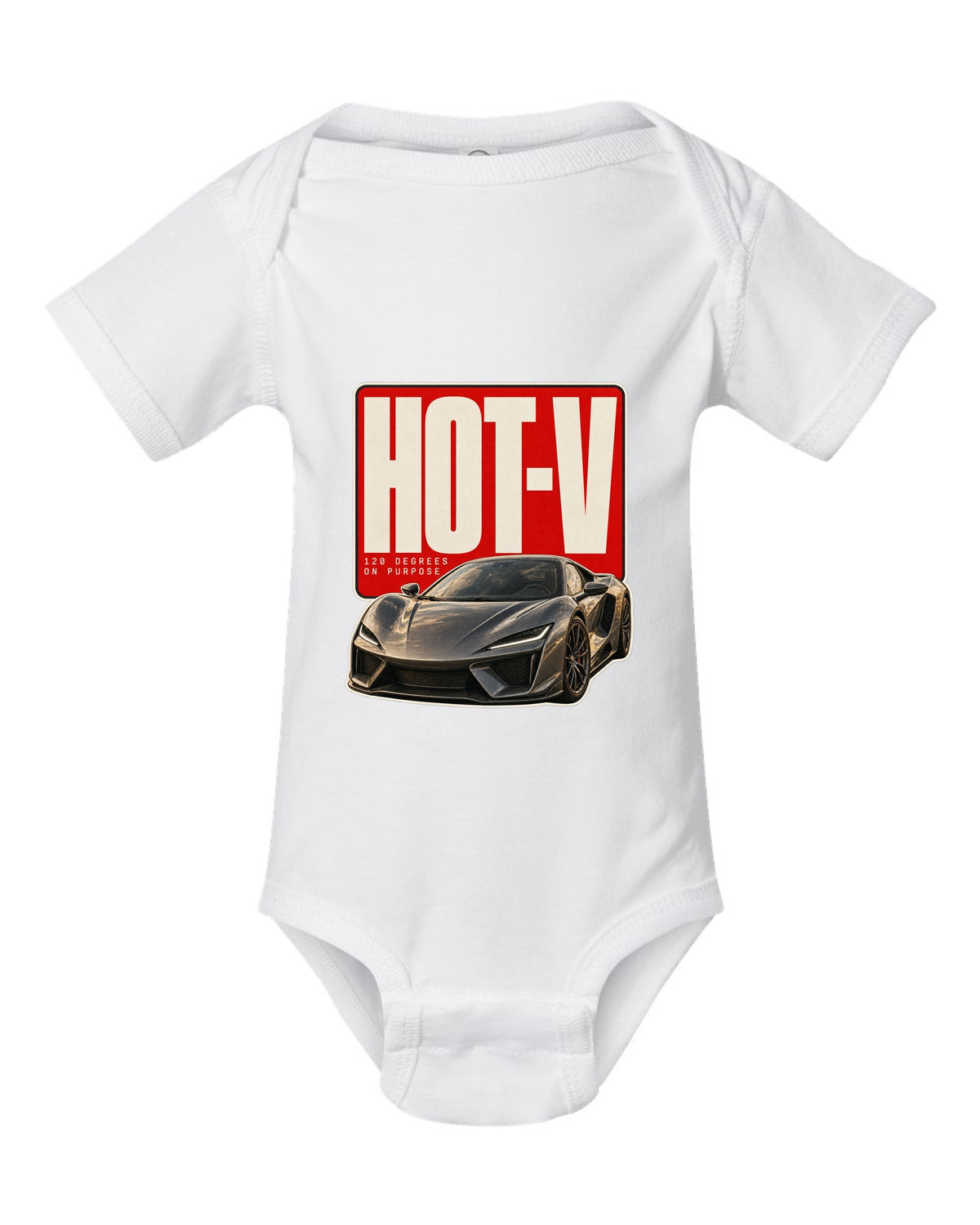 Editorial headline print of a McLaren Artura with hot-V 120 degree text white baby onesie front view with the design