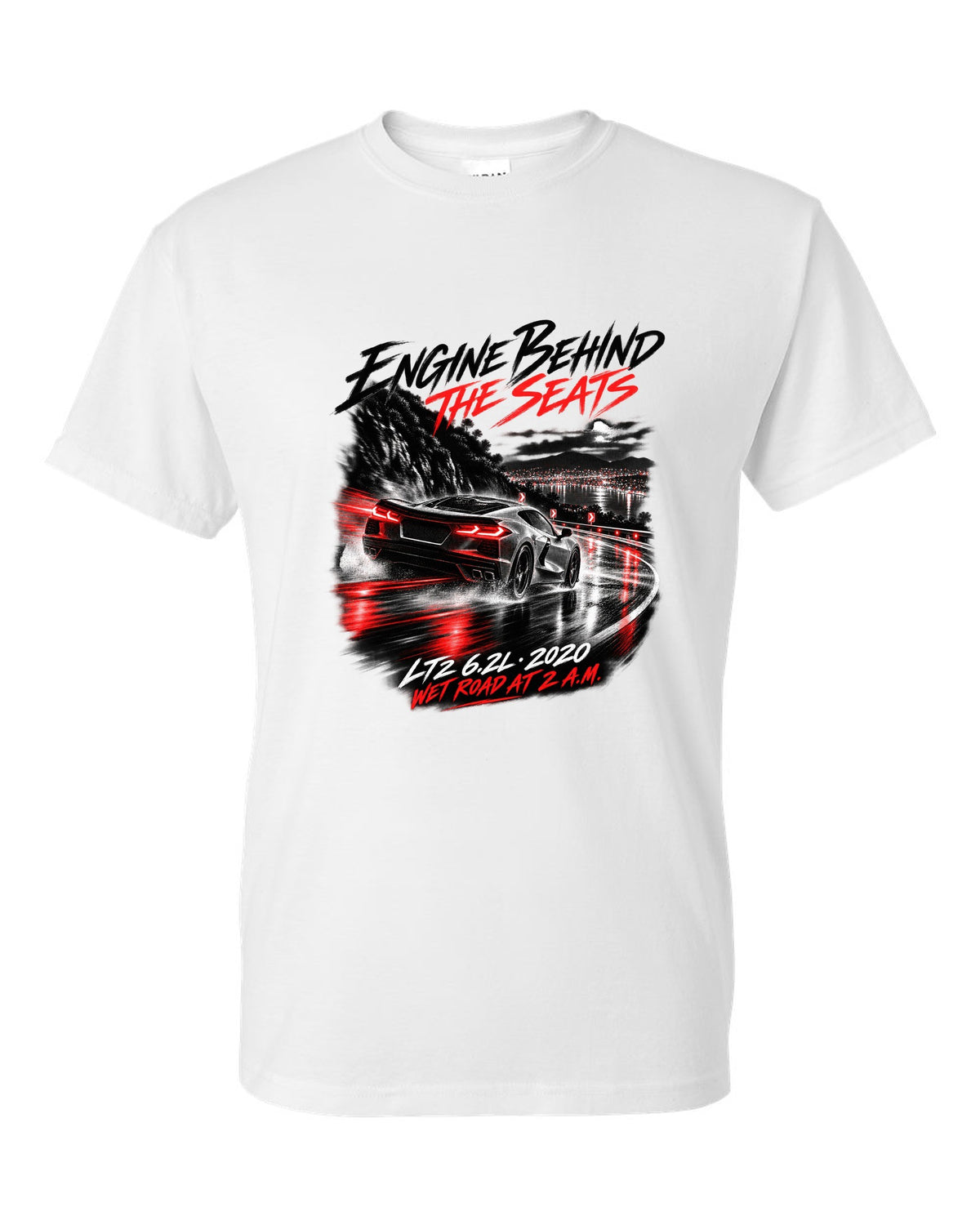 Corvette C8 Stingray driving on a wet road at night white t-shirt front view with the design