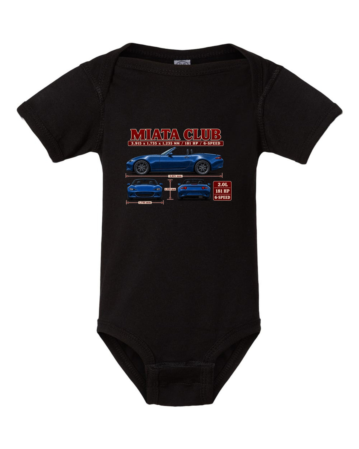 Three-view drawing and spec table of a 2019 Mazda MX-5 ND Club in Eternal Blue black baby onesie front view with the design
