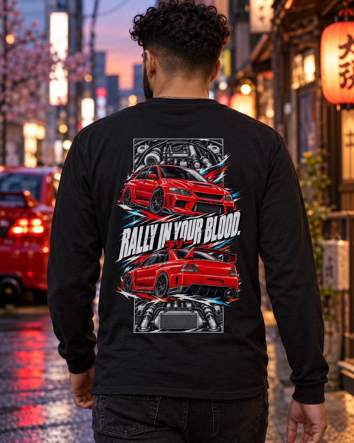 Mitsubishi Evo Ix Torn Poster Full-Back Graphic Tee Long Sleeve Black worn hero
