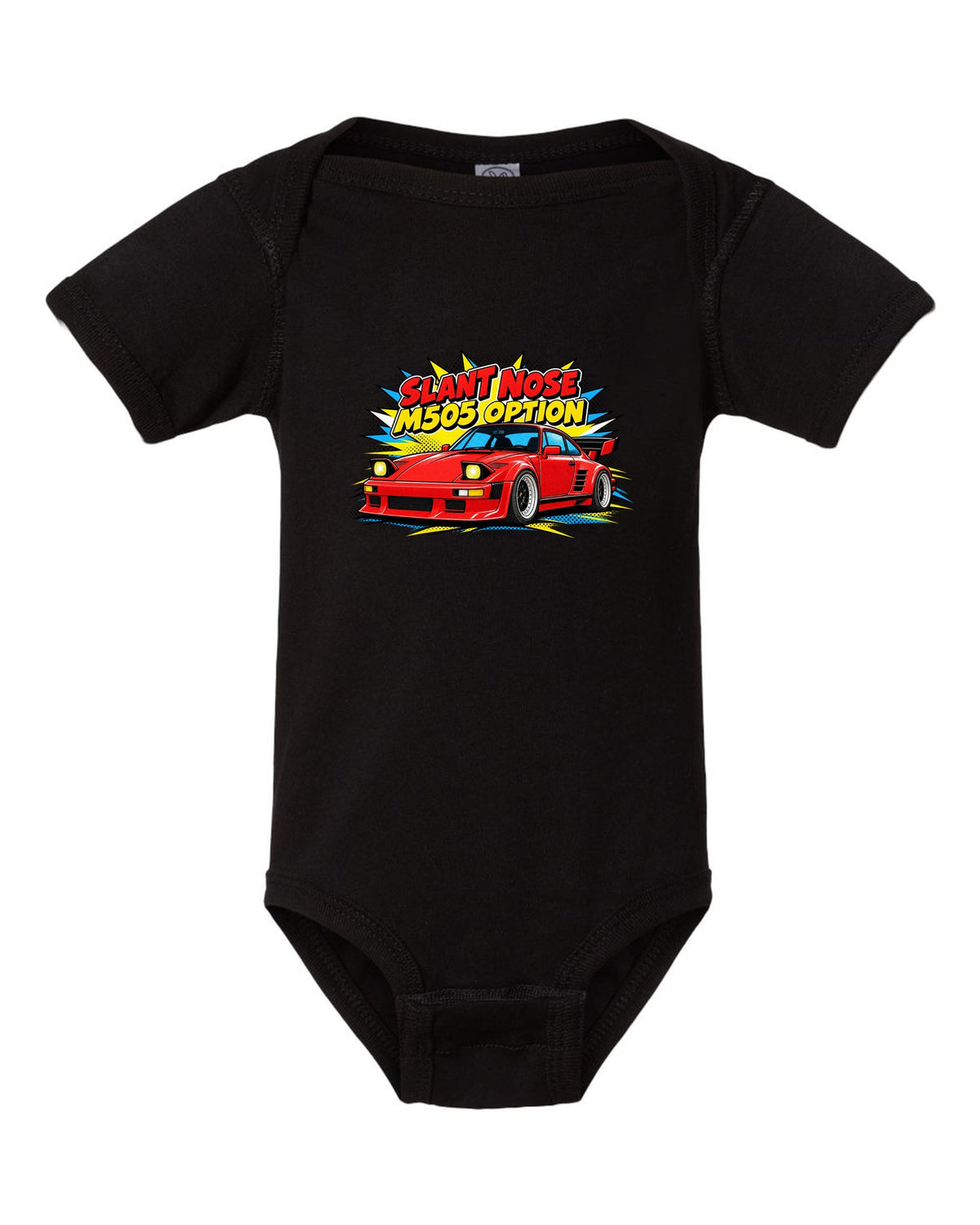 Porsche 930 Slant Nose pop-art halftone design with M505 option lettering black baby onesie front view with the design