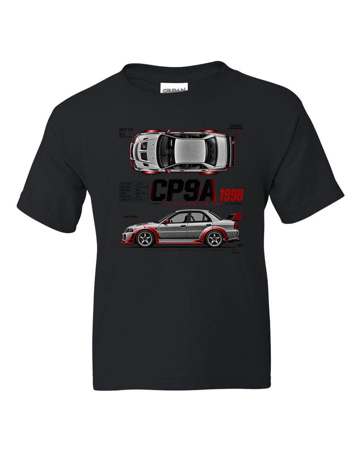 Spec poster print for the Mitsubishi Lancer Evolution V CP9A reading Wide Arches, Narrow Roads, 4G63T 2.0L, 1998 black kids tee front view with the design
