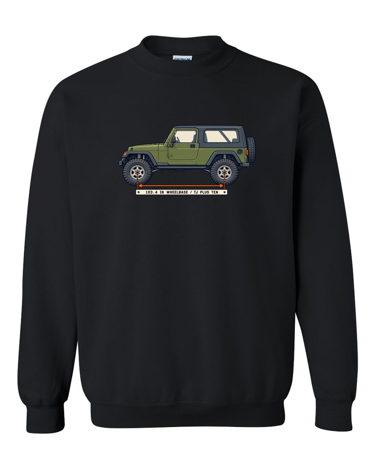 Patent-style line drawing of a Jeep Wrangler LJ Unlimited with 103.4 IN WHEELBASE TJ PLUS TEN lettering black crewneck front view with the design