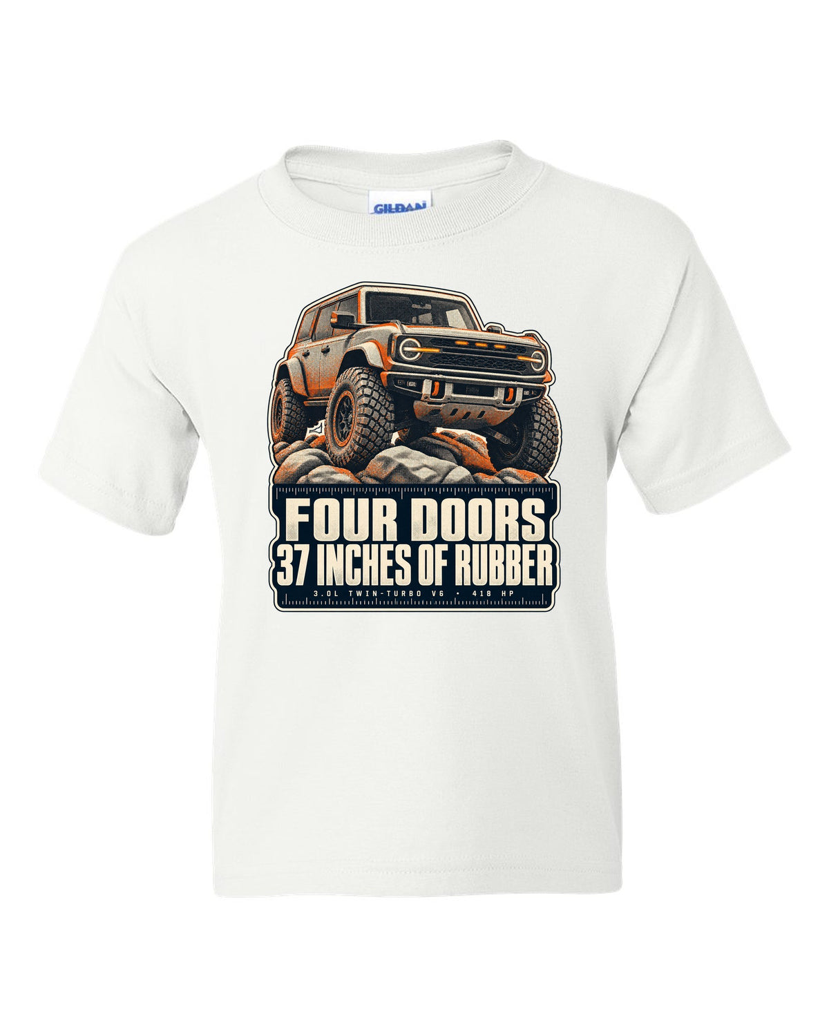 Ford Bronco Raptor halftone print with four doors 37 inches text white kids tee front view with the design