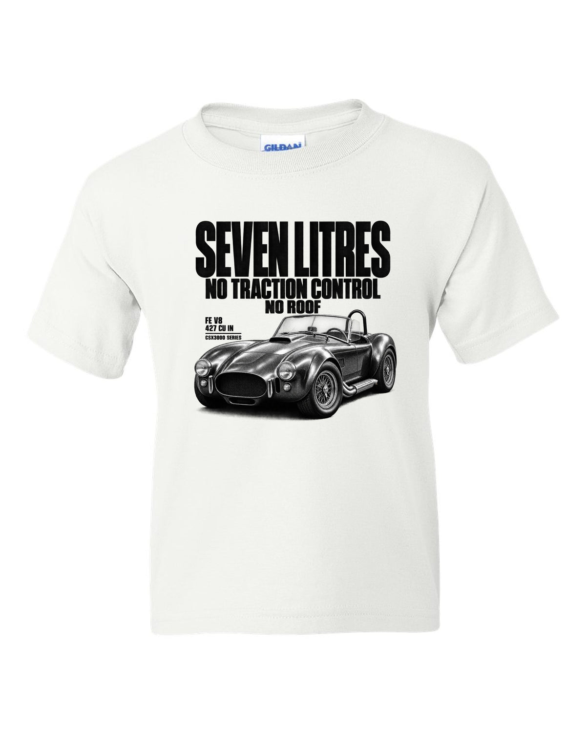 Shelby Cobra 427 Side-Oiler Halftone white kids tee front view with the design